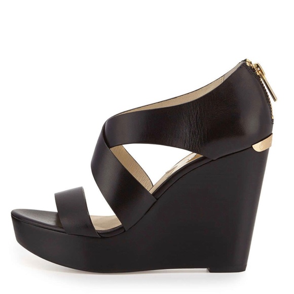 MICHAEL Michael Kors | Shoes | Michael Kors Elena Black Leather Wedge  Sandal | Poshmark